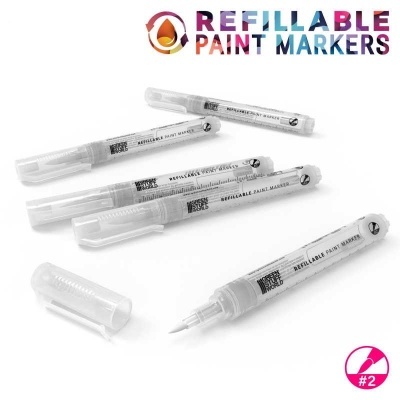 Cinco marcadores de tinta recarregáveis transparentes com texto preto e escala de medição, fundo branco, logotipo colorido e ícone rosa de pincel #2.