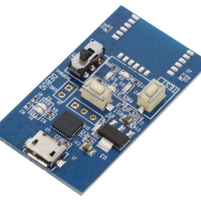 Placa eletrónica azul com micro USB e interruptores brancos e preto