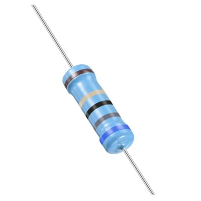 Resistor azul claro com anéis coloridos e terminais metálicos