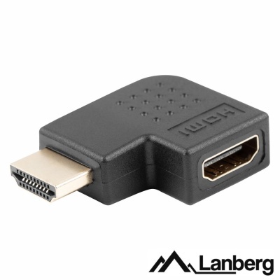 Adaptador HDMI em ângulo de 90° preto com conectores dourados marca Lanberg