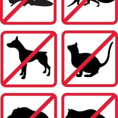 Sinais com silhuetas de animais com linha vermelha diagonal e texto Kemo Electronic