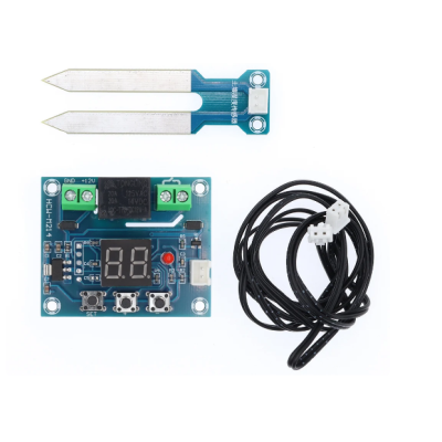 Módulo eletrónico azul com visor LED, sonda de medição de humidade e cabo preto com conector.