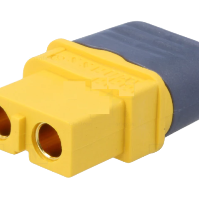 Conector elétrico amarelo e cinza de dois pinos