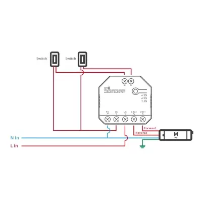 Diagrama de ligação elétrica de dispositivo Sonoff com interruptores e motor
