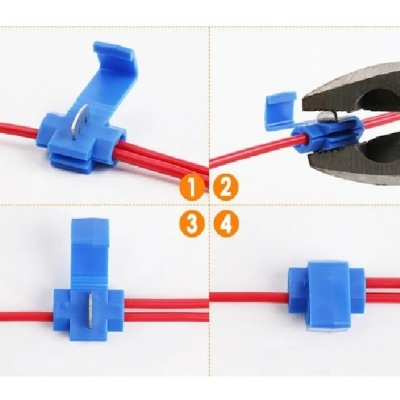 Conectores elétricos azuis com fios vermelhos em quatro etapas numeradas