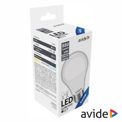 Embalagem branca de lâmpada LED avide Globe Light E27 com texto e especificações