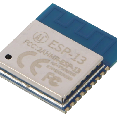 Módulo eletrónico ESP-13 prateado com base azul e pinos dourados