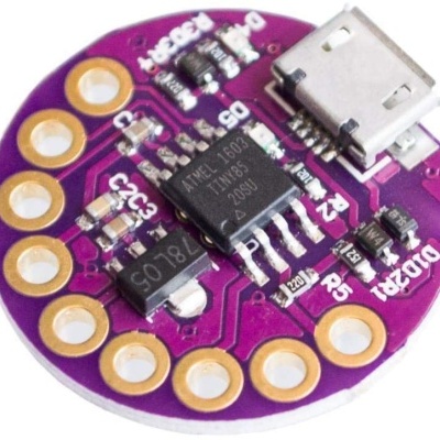 Placa eletrónica redonda roxa com componentes pretos e conector micro USB