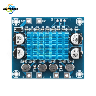 Placa eletrónica azul com dissipador térmico e capacitores pretos