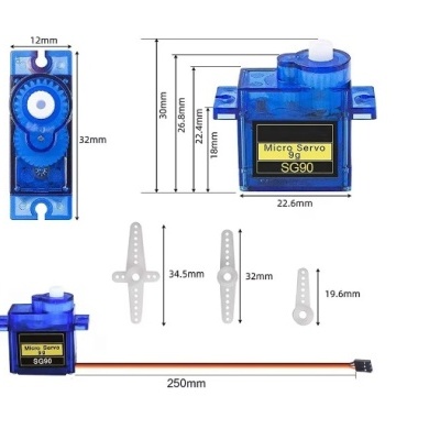 Servo motor Micro Servo SG90 azul transparente com braços em plástico e cabo detalhado