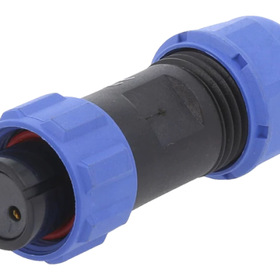 Conector elétrico cilíndrico preto com terminais azuis em plástico