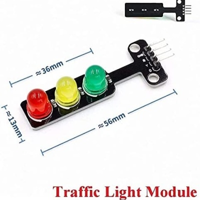 Módulo de semáforo com LEDs vermelho, amarelo e verde e texto Traffic Light Module.
