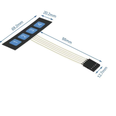 Botão membrana eletrónica preto com quatro botões azuis numerados e fios brancos