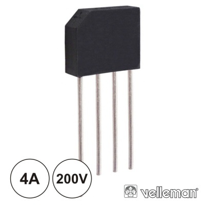 Componente eletrónico preto com quatro terminais e marcas 4A e 200V