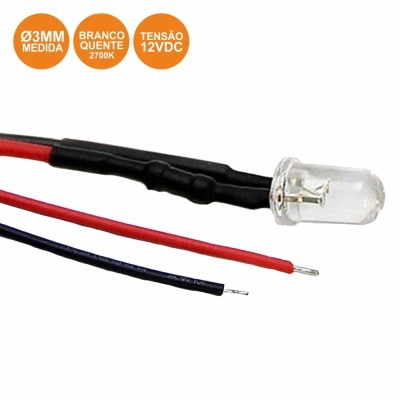 LED branco quente 3mm com fios vermelho e preto, tensão 12VDC, temperatura 2700K.