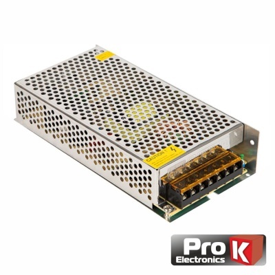 Fonte de alimentação metálica perfurada com terminais e aviso amarelo