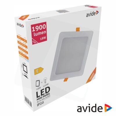 Embalagem branca de painel LED mini quadrado da marca avide com texto informativo.