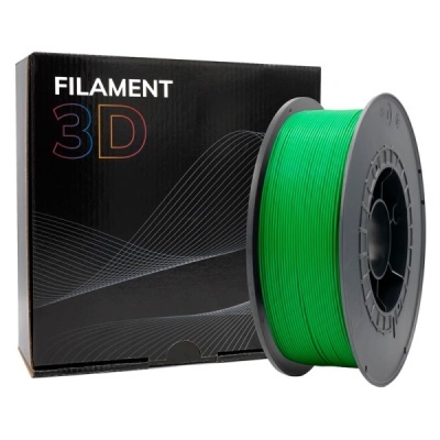 Rolo de filamento verde para impressora 3D com caixa preta com texto FILAMENT 3D