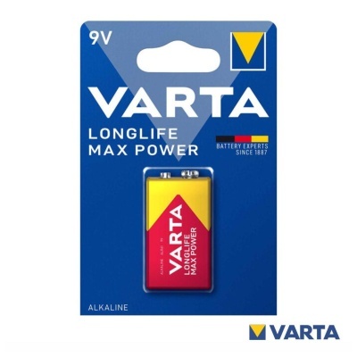 Bateria alcalina VARTA 9V Longlife Max Power em embalagem azul e amarelo