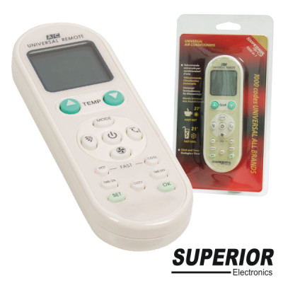 Comando remoto universal branco com visor LCD e botões, com embalagem plástica vermelha ao lado.