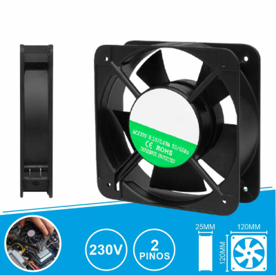 Ventoinha axial quadrada preta com etiqueta verde e branca, 120x120x25 mm, 2 pinos, fundo azul.