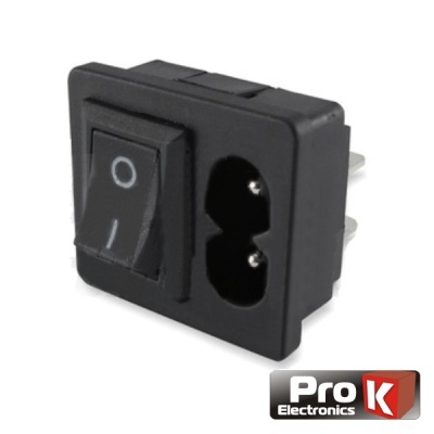 Interruptor de energia preto com símbolo ON/OFF e tomadas para cabo de alimentação