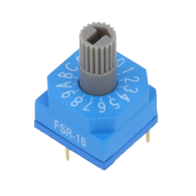 Interruptor rotativo azul com indicador cinzento e marcações brancas