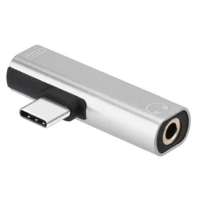 Adaptador tipo C para ficha de áudio jack 3,5 mm metálico prateado e preto
