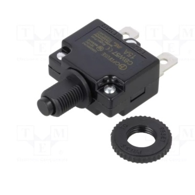 Interruptor térmico preto com botão e anel de fixação