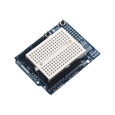 Placa de desenvolvimento azul com breadboard branca e botões pretos
