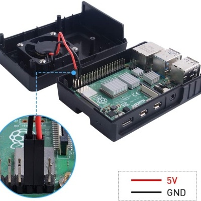 Computador Raspberry Pi com caixa aberta e conector GPIO com fios vermelhos e pretos