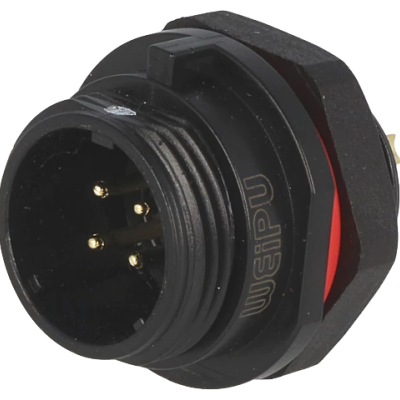 Conector circular elétrico preto com pinos e relevo vermelho