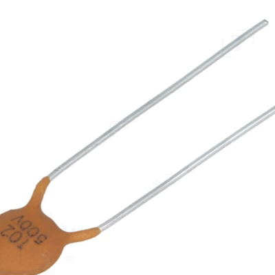 Termístor discóide laranja com dois terminais metálicos prateados