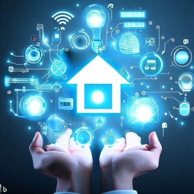 Ícones digitais de casa inteligente sobre mãos abertas em fundo escuro