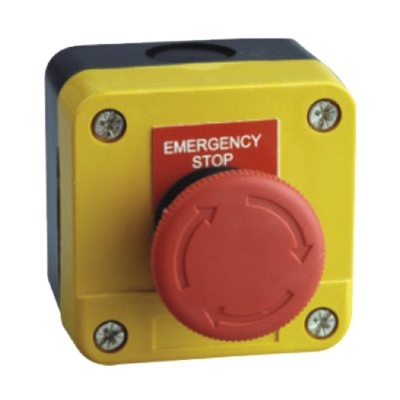 Botão amarelo de paragem de emergência com botão vermelho grande