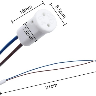 Conector elétrico branco com fios azul e castanho e dimensões indicadas
