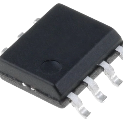 Chip integrado preto com oito pinos metálicos curvos em fundo branco