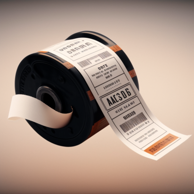 Rolo de etiquetas adesivas brancas com texto e códigos de barras