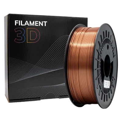 Rolo de filamento 3D cor cobre e caixa preta com texto FILAMENT 3D