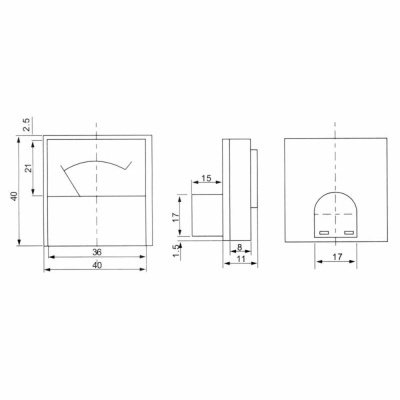 Desenho técnico frontal e lateral de instrumento de medição analógico com dimensões em milímetros