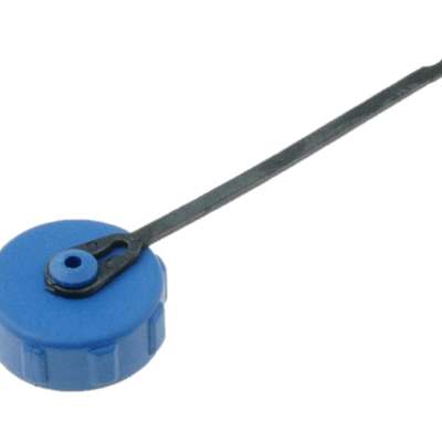 Tampa azul de plástico com aba negra anexada