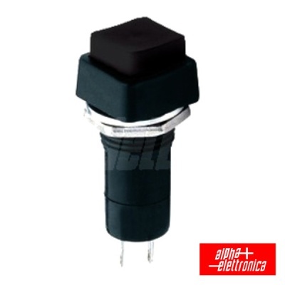 Botão de pressão preto quadrado com pinos metálicos e logótipo alpha elettronica