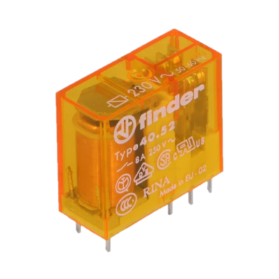 Relé elétrico Finder amarelo translúcido com texto branco e pinos metálicos