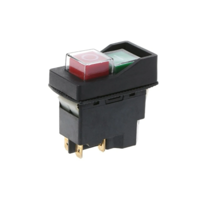 Interruptor elétrico com botões vermelho e verde em caixa preta