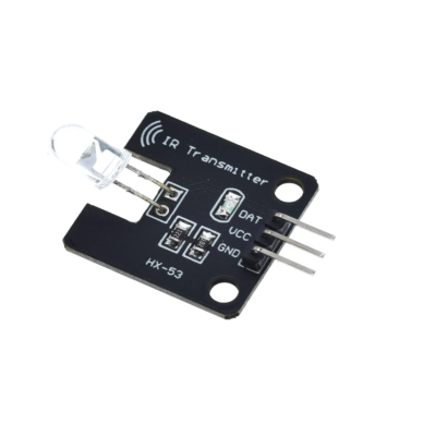 Módulo transmissor IR com LED transparente em placa preta com texto e três pinos