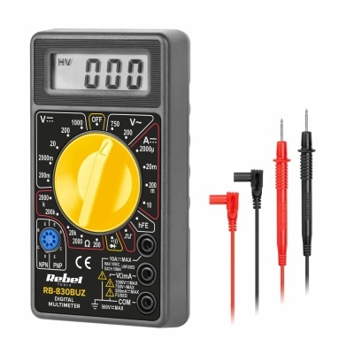 Multímetro digital Rebel RB-830BUZ com botões e cabos de prova vermelho e preto