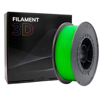 Rolo de filament 3D verde fluorescente com suporte cinzento e embalagem preta