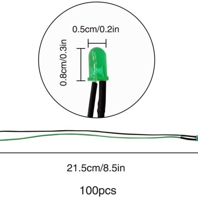 LED verde com fios preto e verde e medidas indicadas