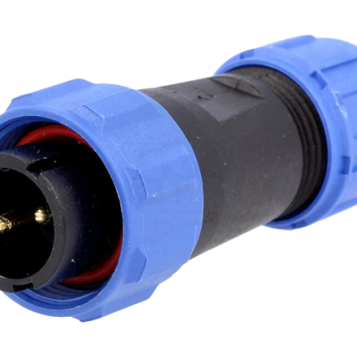 Conector elétrico cilíndrico com pinos dourados e extremidades azuis