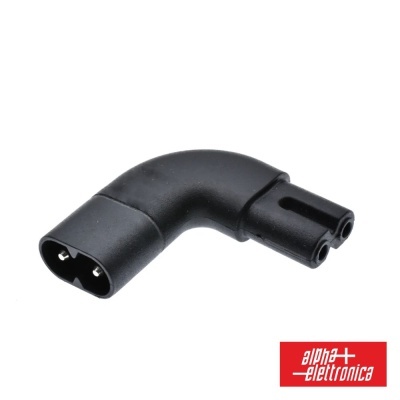 Conector elétrico preto em ângulo de 90 graus com três pinos e logótipo alpha-elettronica